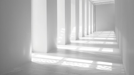 Fototapeta premium A long, narrow hallway with white walls and white pillars