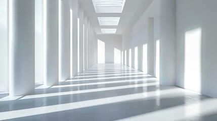Obraz premium A long, empty hallway with white pillars and a white ceiling