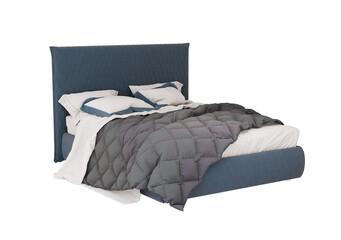 3d Furniture A modern blue fabric king-size bed isolated on a white background