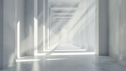 Obraz premium A long, empty hallway with white walls and a white ceiling