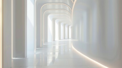 A long, narrow hallway with white walls and white floors