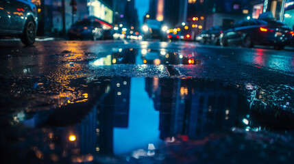 Moonlit city street with reflective puddles on asphalt
