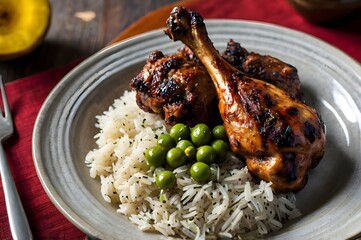 Jamaican jerk chicken with rice and peas.