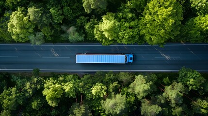 Aerial view of a blue transportation truck on an empty road in middle of a green trees forest