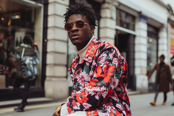 Obraz premium Man wearing floral shirt and sunglasses on a city street