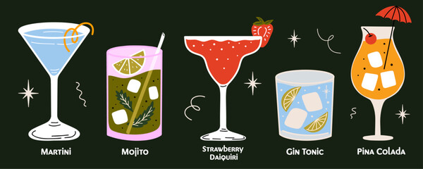 Classical alcohol cocktails vector illustrations set cartoon retro groovy funky style. Collection of various summer fancy drinks in different shapes glasses. Daiquiri, Martini, Gin Tonic, Mojito