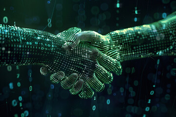 Illustration of a binary code handshake, depicting secure digital agreements and innovative technology partnerships
