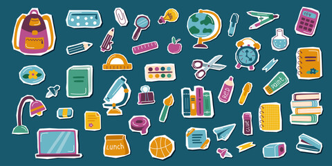 Childrens school collection stickers. Childrens school elements set. Back to school concept. School set.