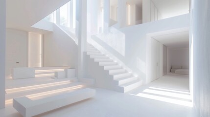 Obraz premium A white staircase leads to a white room with a white couch
