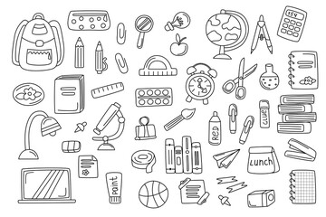 Back to school doodle. Childrens school collection. Stationery elements set. Back to school concept. 