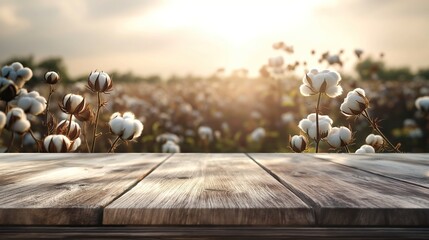 close up of rustic empty wooden table with blurred cotton field farm background