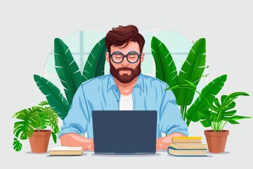 a research writer engaged in feature story creation. The writer is depicted with various research materials, such as documents and notes, alongside a computer or typewriter.