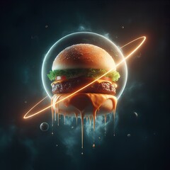 Space burger floating in zero gravity with a dark, minimalistic background.