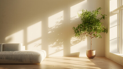 Hyper-realistic minimalist living room, soft natural light, single potted plant, clean lines,