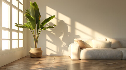 Hyper-realistic minimalist living room, soft natural light, single potted plant, clean lines,