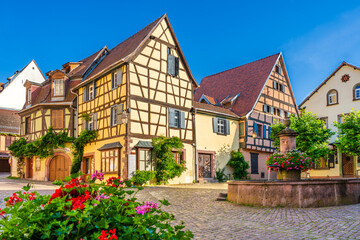 Riquewihr village on the famous wine route in the Alsace region of France; fountain and colorful half timbered houses