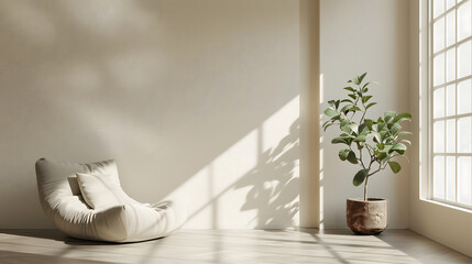 Hyper-realistic minimalist living room, soft natural light, single potted plant, clean lines,