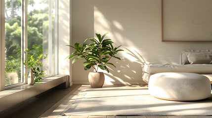 Hyper-realistic minimalist living room, soft natural light, single potted plant, clean lines,