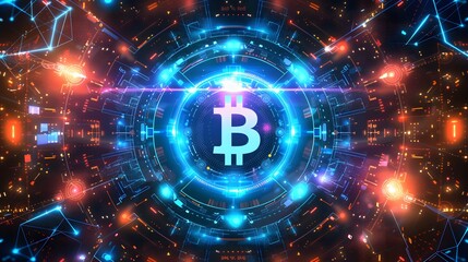Fototapeta premium Bitcoin with glowing lights..Gold bitcoin symbol. Coins on black background.