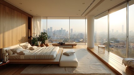 Sunlit bedroom with a minimalist design, featuring a simple bed with white linens and a single piece of art.