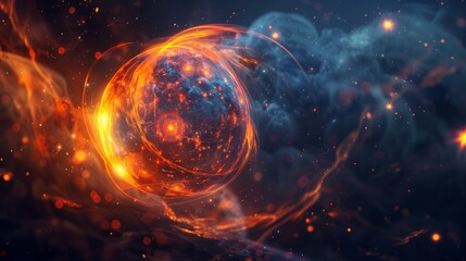 Obraz premium A glowing orange ball in space with a blue background