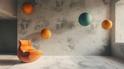 A room with a chair and four orange and green balls hanging from the ceiling