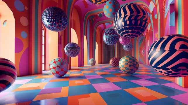 A room full of colorful balls, some of which are striped