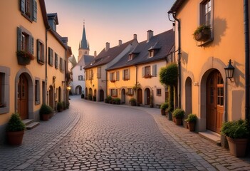 Fototapeta premium Rustic European village. A cobbled, stone road along which there are multi-family houses in a rustic style. Narrow stone street with tenement houses during sunset