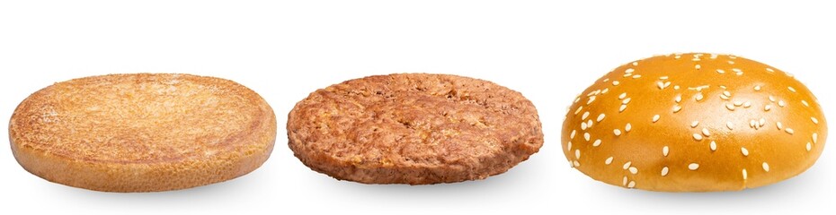 Set of hamburgers Separate bread and meat isolate on white with clipping path.