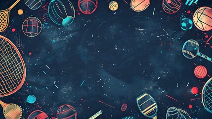 Vibrant hand-drawn sports equipment scattered around a dark background, creating a colorful border with ample copy space. 