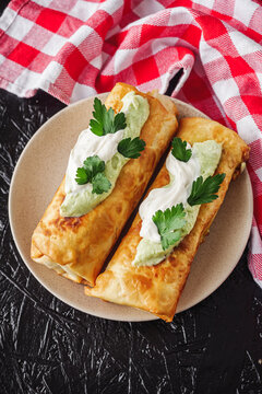 set of delicious fresh colorful deep-fried chimichanga on a dark background