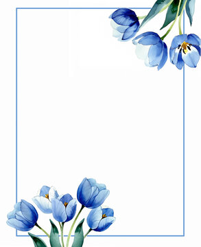 frame of  tulip for card design with copy space for your text, frame with blue flowers