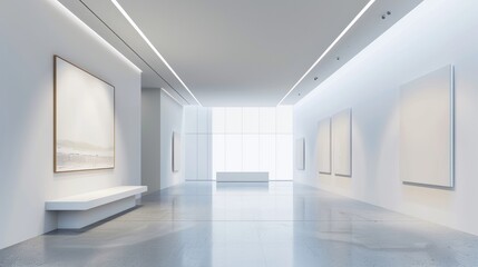 A large room with white walls and a white bench