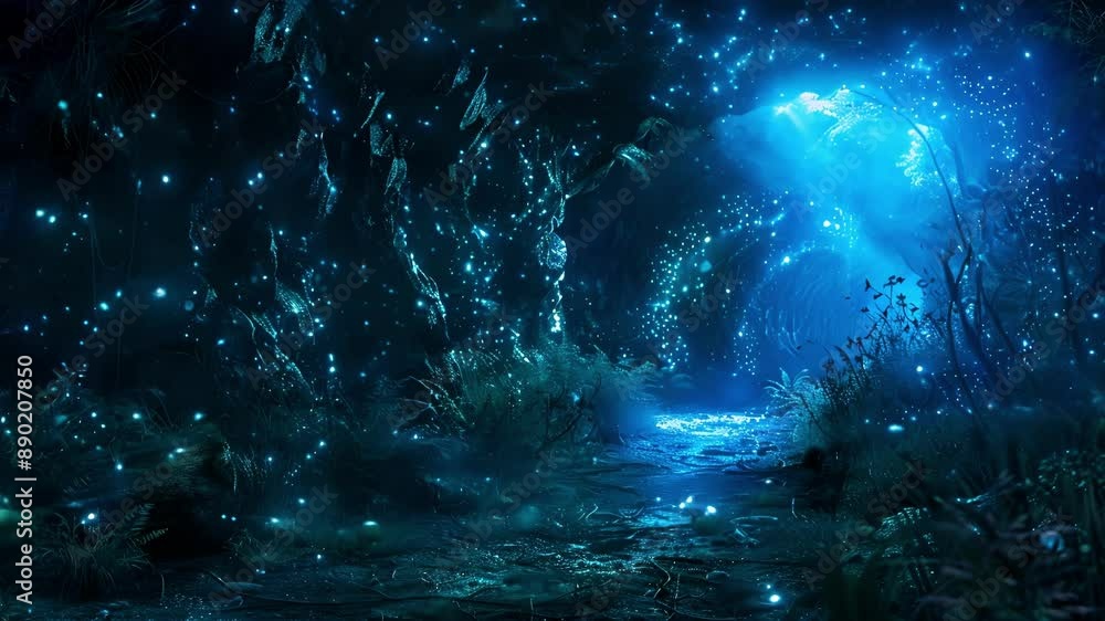 Poster a mysterious tunnel surrounded by bioluminescent creatures creating an ethereal and dreamlike experi