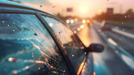 a car with slightly cracked glass on the side of the highway