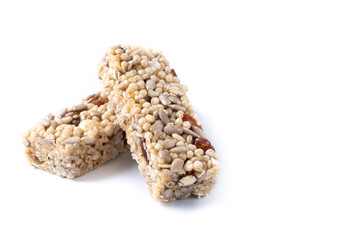 Healthy Muesli bar with nuts and seeds isolated on white background