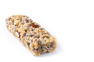 Healthy Muesli bar with nuts and seeds isolated on white background. Copy space