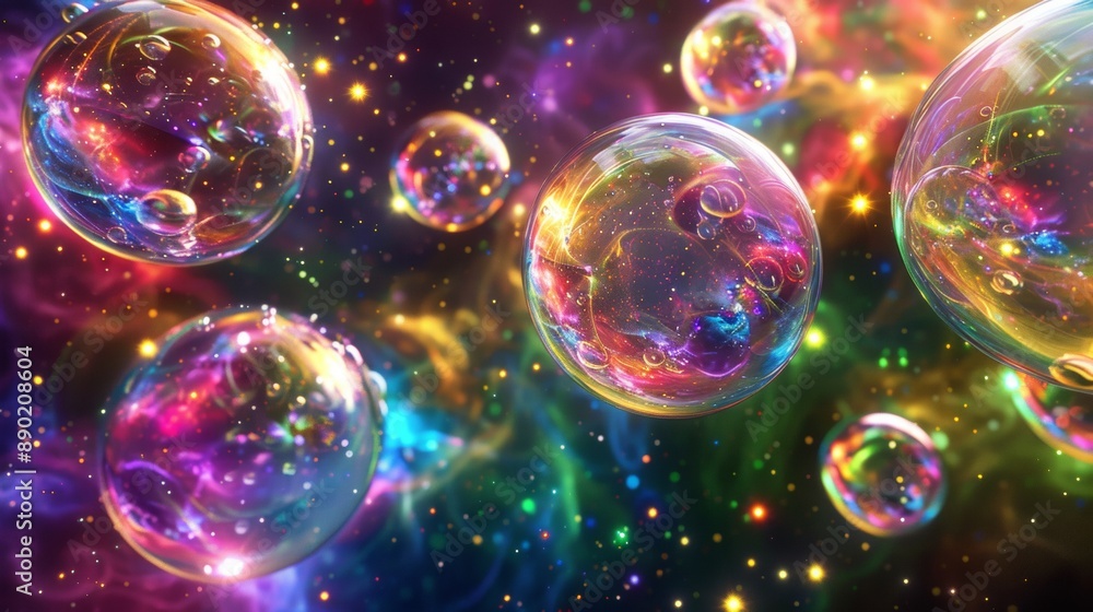 Poster a colorful image of many bubbles floating in space