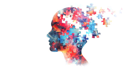 Alzheimer, dementia, epilepsy and autism concept. Neurological disease with memory loss and confused mind. Silhouette of a human head made of colorful jigsaw puzzle pieces. Mental health awareness.