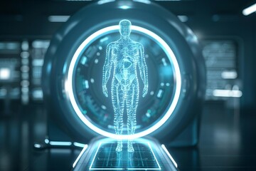a futuristic medical scanner analyzing a patient's body with precise detail, field of dept deep odject, all cover focus text, for spacecopy