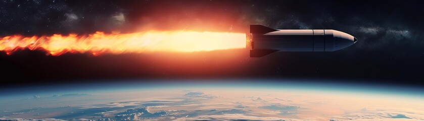 Fototapeta premium a futuristic rocket launching into space with a trail of bright flames, field of dept deep odject, all cover focus text, for spacecopy