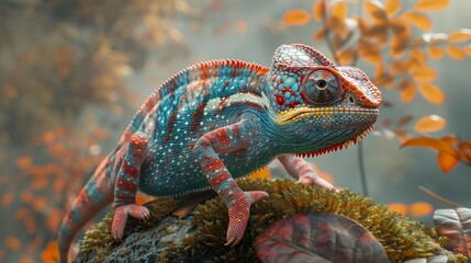 Vibrant chameleon on branch in autumn forest - generative ai