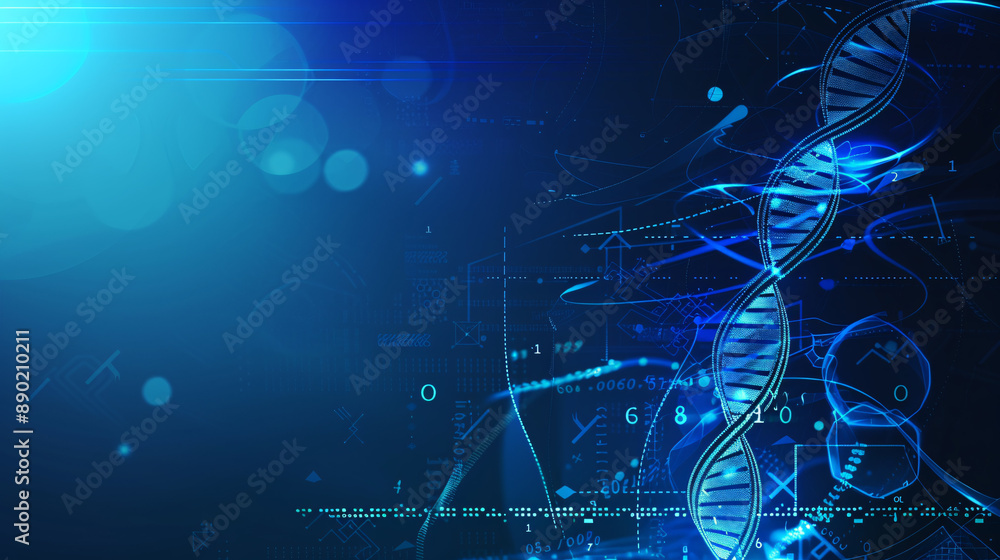 Poster abstract digital background featuring a dna helix on a blue background with scientific data