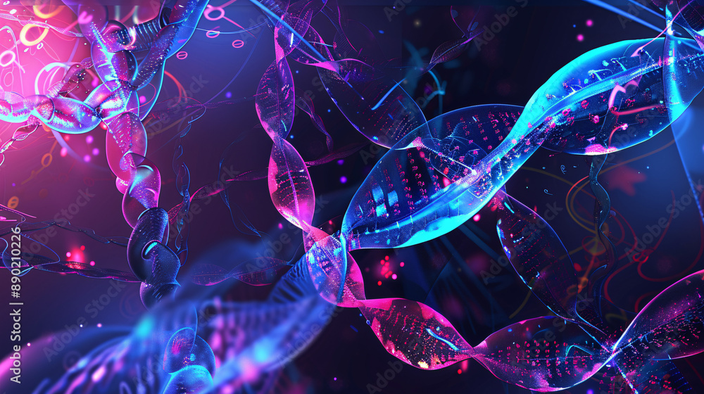 Poster abstract background representing dna strands with neon colors on a dark background