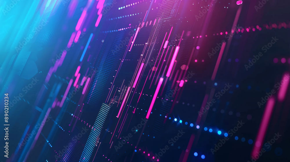 Poster abstract digital data visualization with vibrant blue and pink lines on a dark background