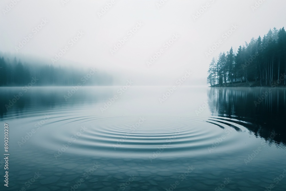 Poster a peaceful and sharp photo of a calm lake with gentle raindrops creating ripples on the water's surf