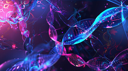 Abstract background representing DNA strands with neon colors on a dark background