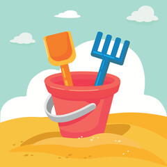 Red baby bucket with shovel and rake in the sandbox  vector illustration  flat  design element