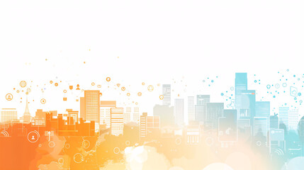 Abstract cityscape with digital network icons and a gradient of orange to blue tones