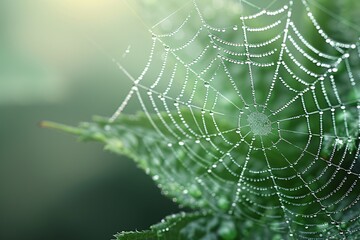 Naklejka premium A picturesque and sharp photo of a rain-drenched spider web glistening in the morning light